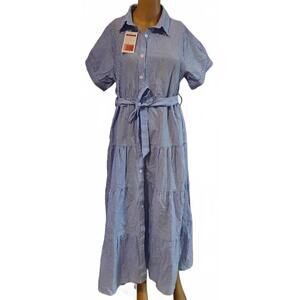 New Collection Women's Blue White Striped Buttons Down Shirt Flare Maxi Dress